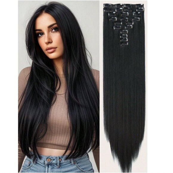 Human hair blend Long Black hair Extensions Clips - Picture 3 of 13